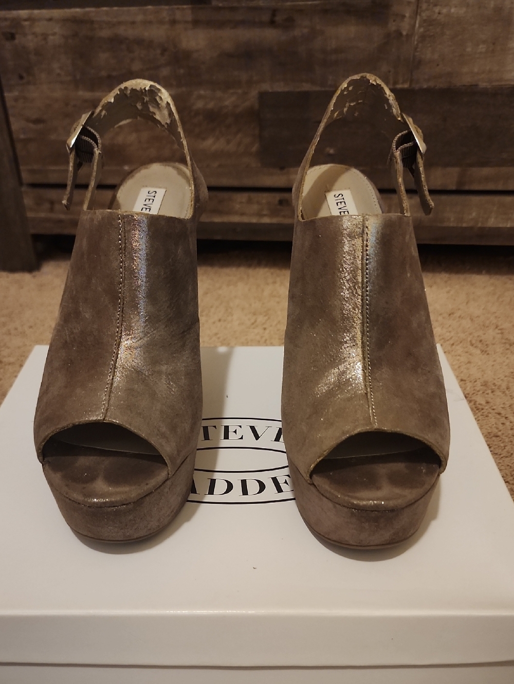 Steve Madden Metallic Taupe Peep-Toe Platform Slingbacks